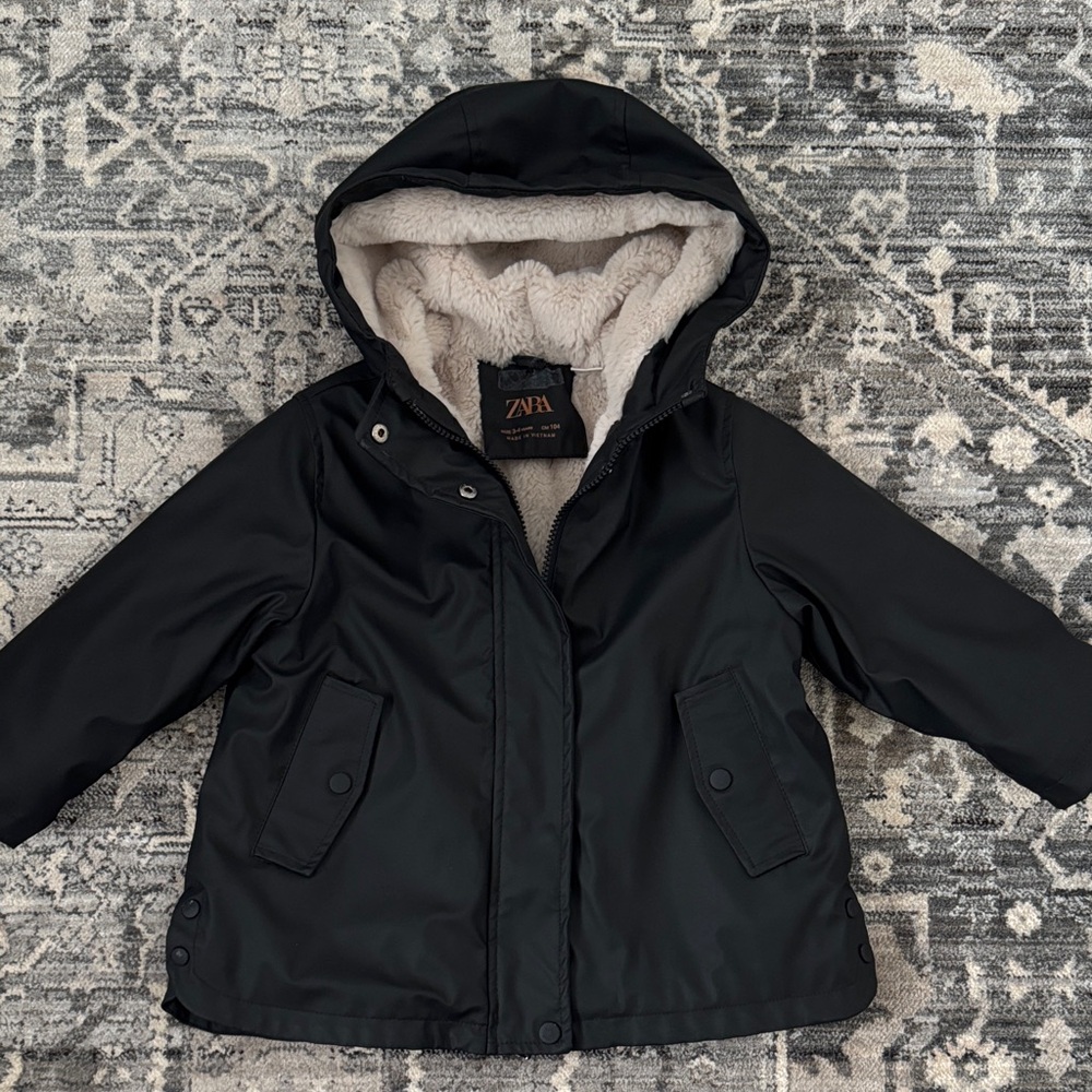 Zara Girls Black Rubberized Hooded Jacket